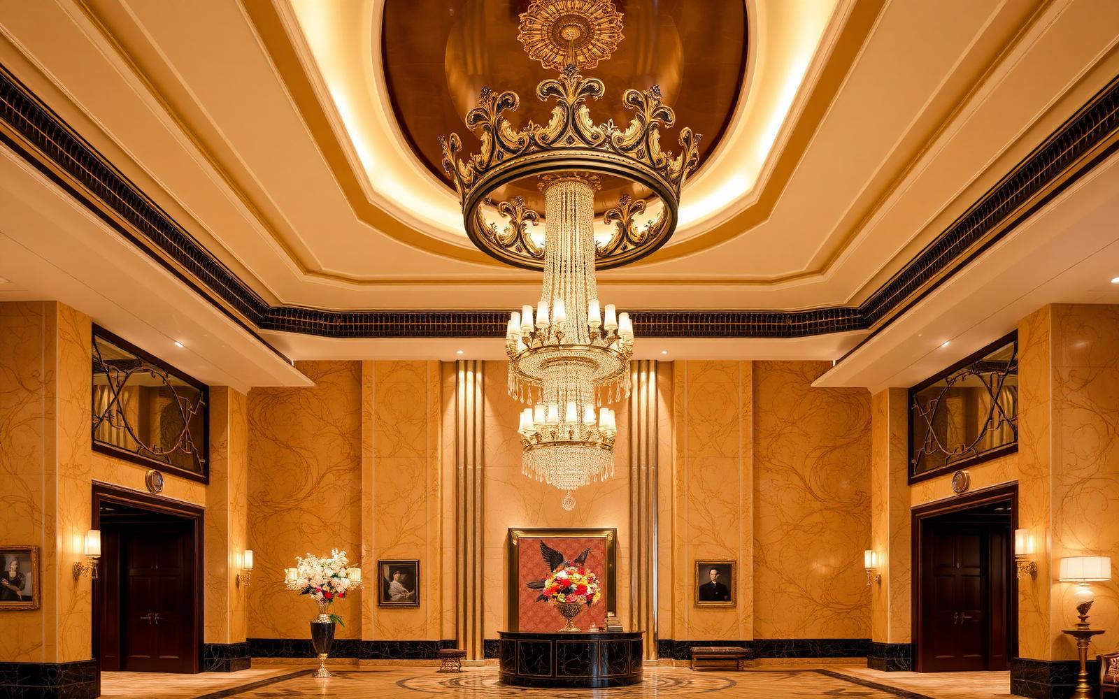 Pacific Crown Hotel lobby with grand chandelier
